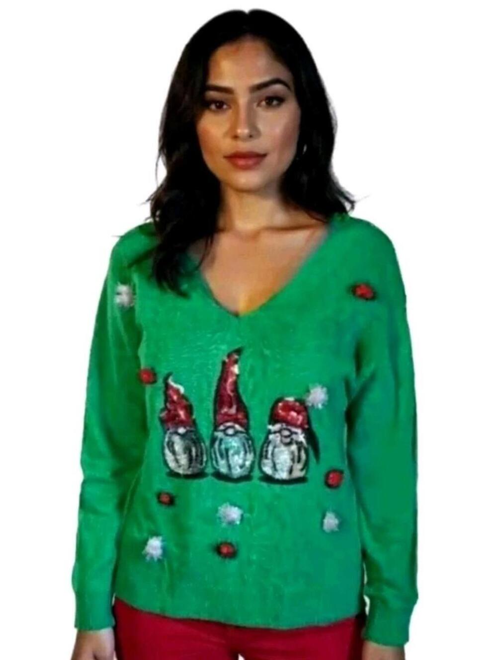 Women size M Green Santa Sweater with Pom Poms NWT